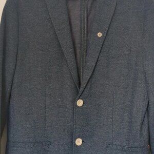 Zara Men's Navy PIQUE Knit Blazer Sports Jacket Sz 38 Elbow Patch Modern Casual